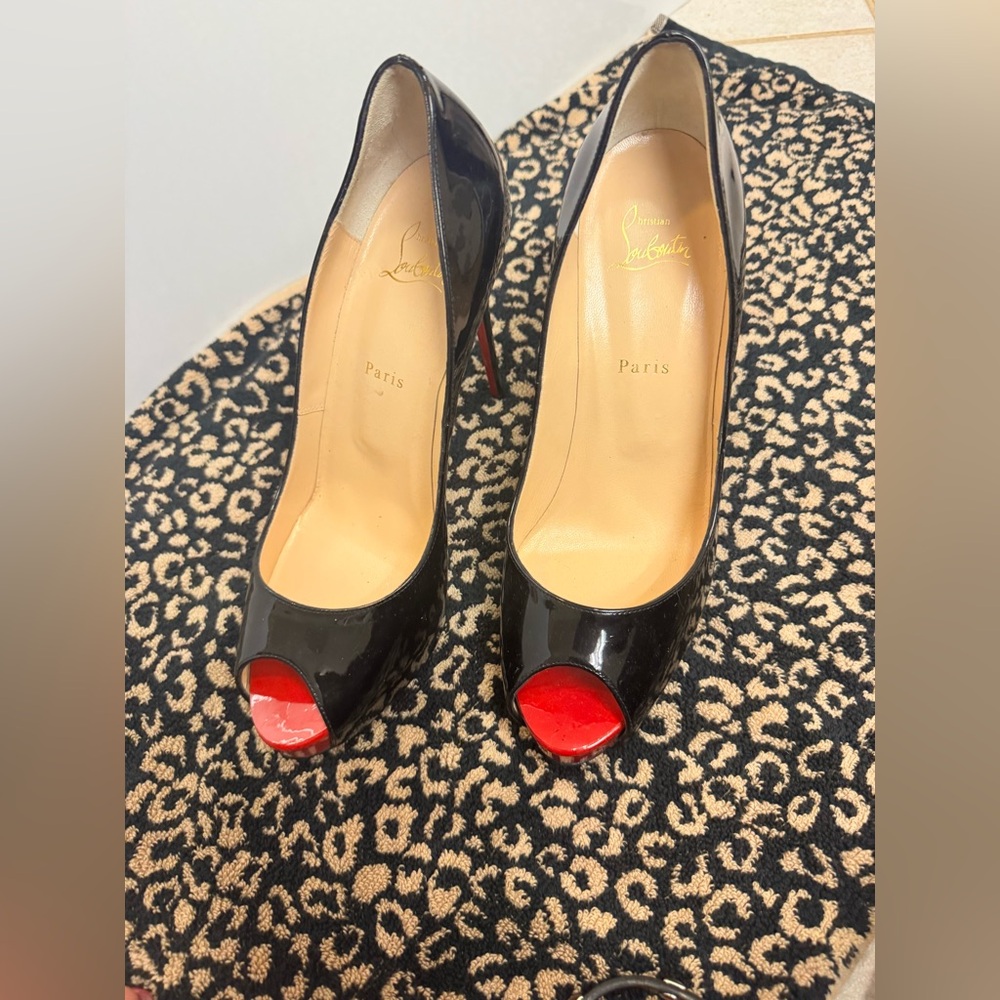 Christian Louboutin Black and Red Patent Peep Toe Heels